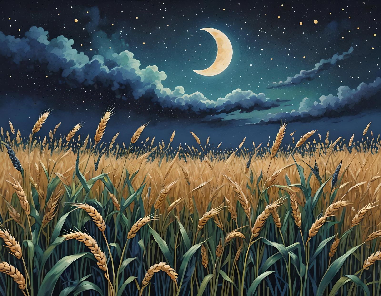 Pointillist Moonlit Wheat Field at Twilight