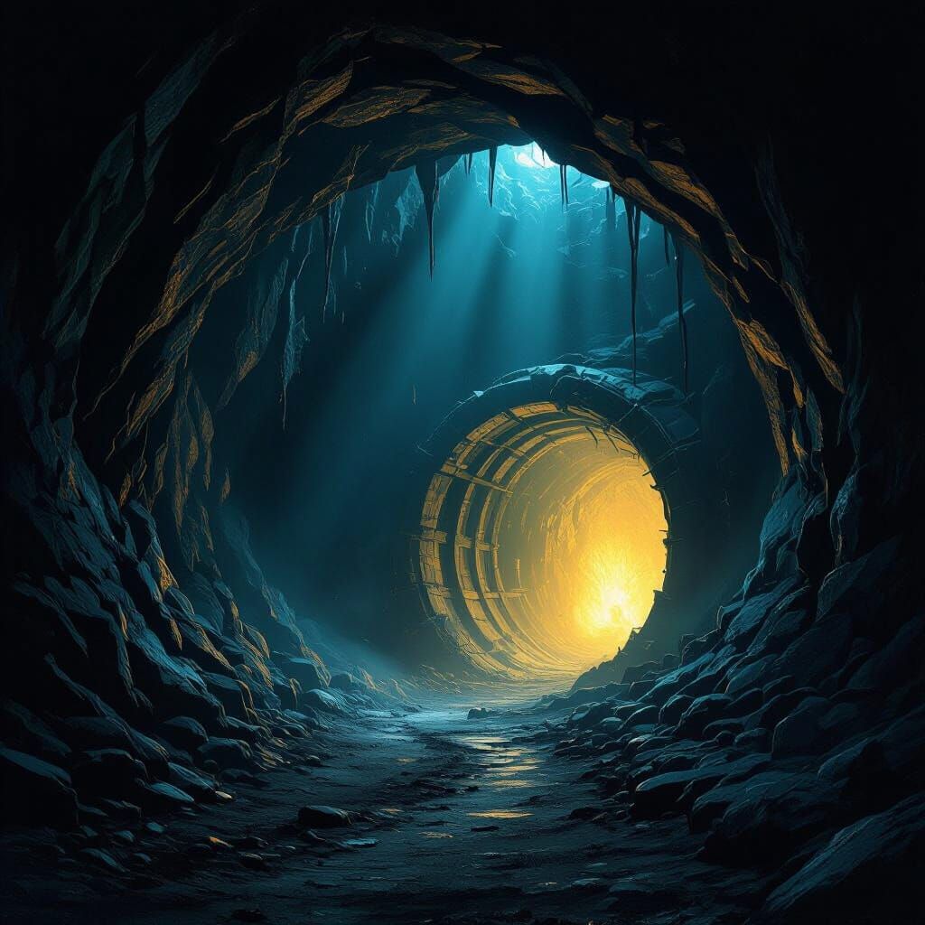 Dark Fantasy Coal Mine Tunnel Opens to Ethereal Light