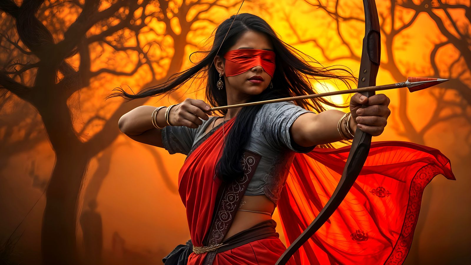 Powerful Blindfolded Archer in Traditional Indian Attire at....