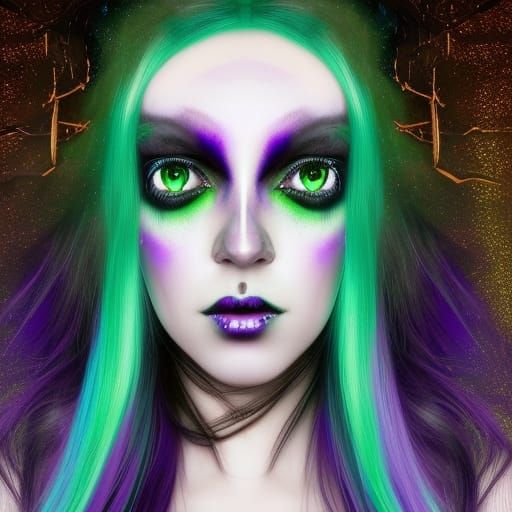 Ethereal gothic young lady with long black hair& green eyes& Multi-chrome purple,green,blue eyeshadow& black lipstick& p...