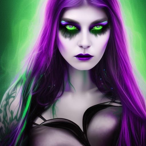 Ethereal gothic young lady with long black hair& green eyes& Multi-chrome purple,green,blue eyeshadow& black lipstick& p...