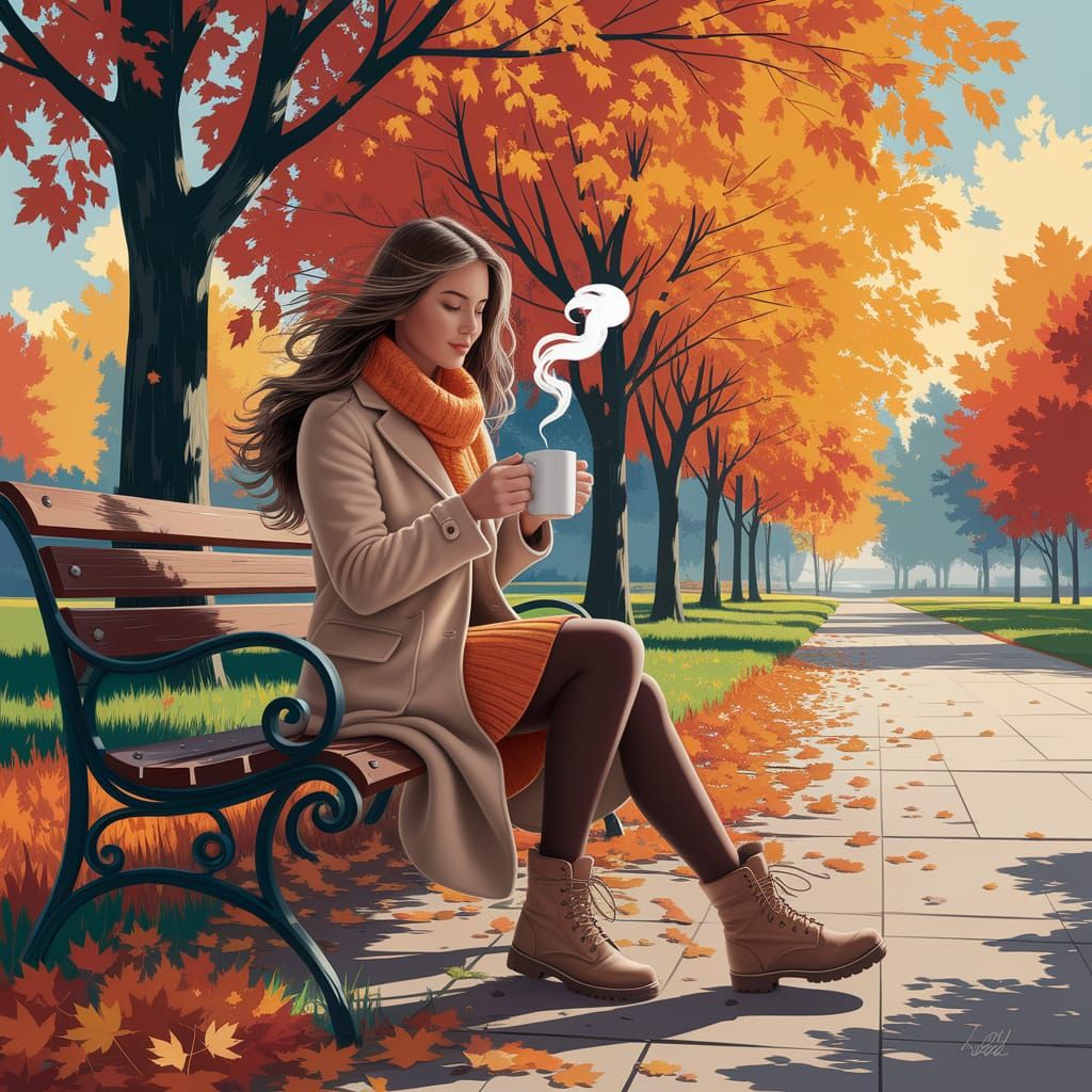 Woman in Beige Coat Enjoys Autumn Park in Impressionist Styl...