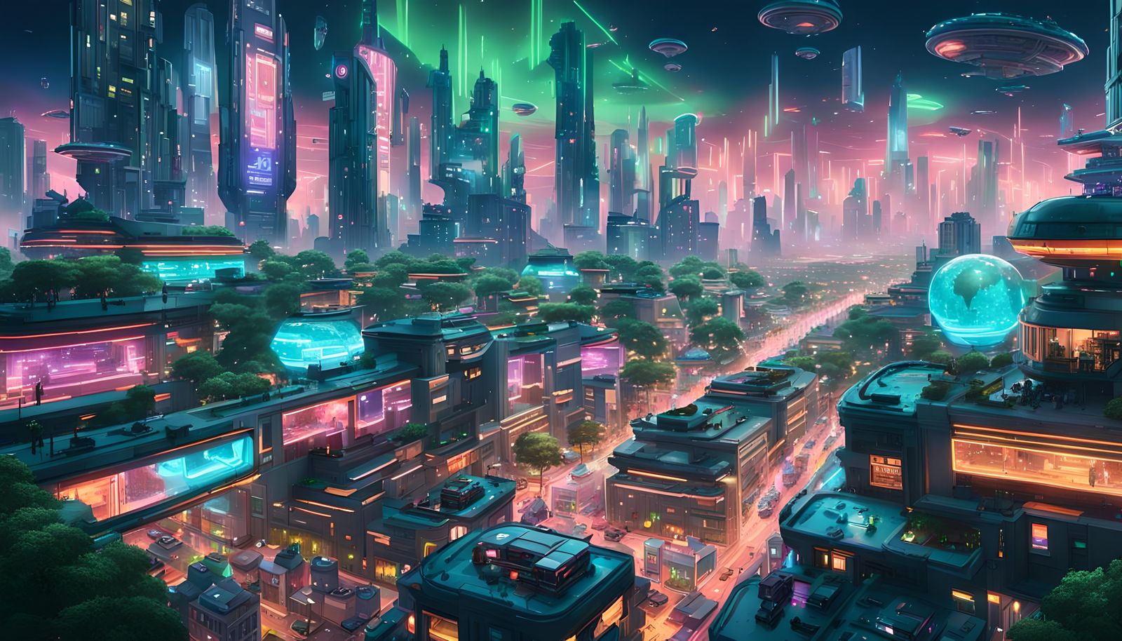 Cyberpunk Cityscape with Flying Cars and Neon Billboards