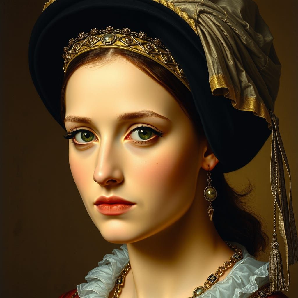 Elegant Renaissance Queen in Soft, Introspective Gaze
