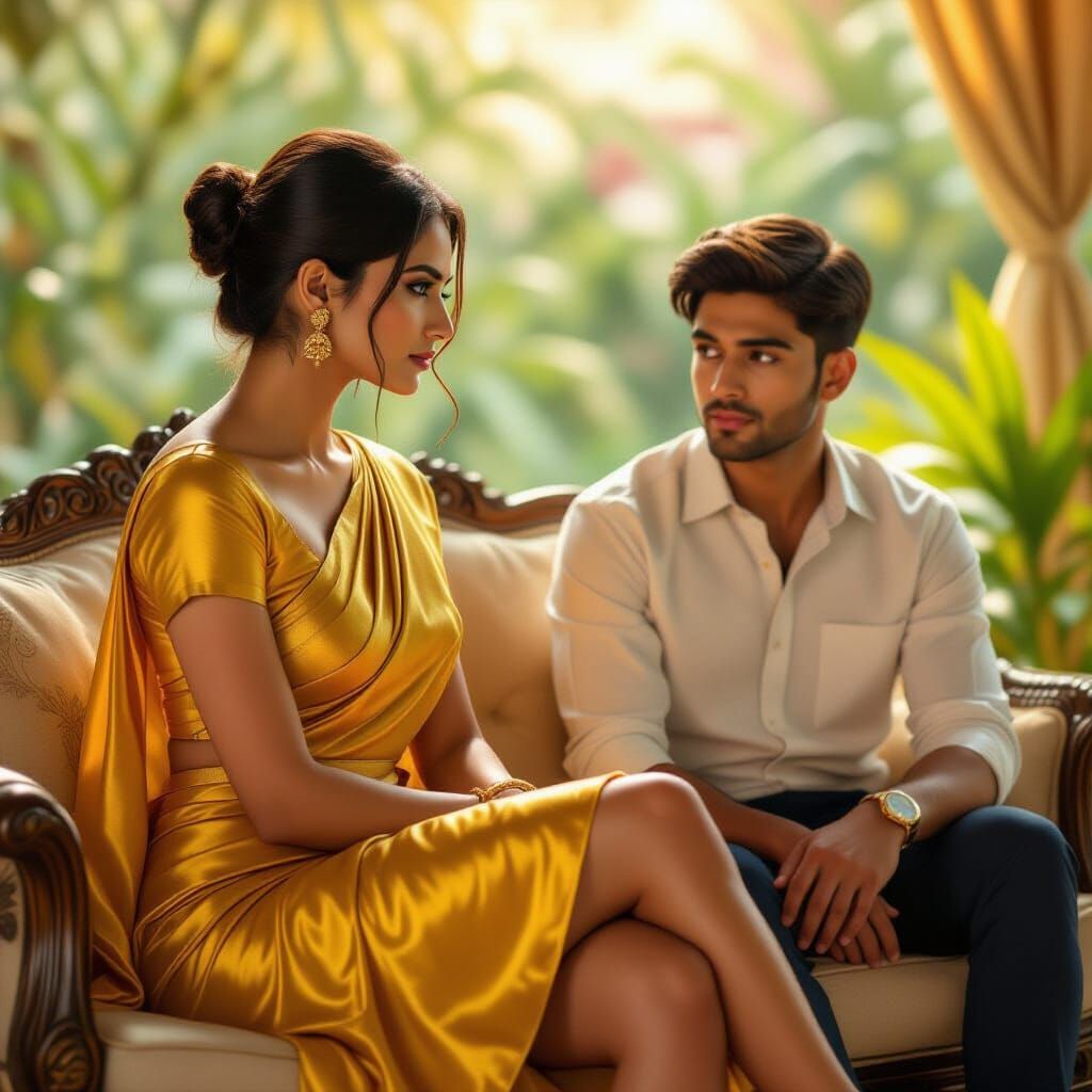 Indian Woman in Yellow Mini Skirt in Garden Scene