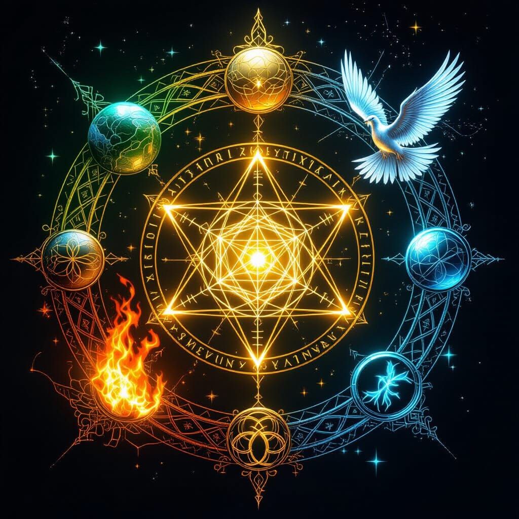 Detailed Alchemical Circle with Elemental Symbols