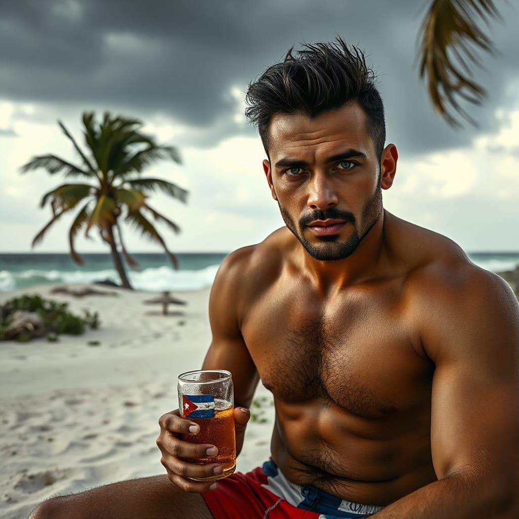 Cuban Man on Beach with Beer in Hyperrealistic Style
