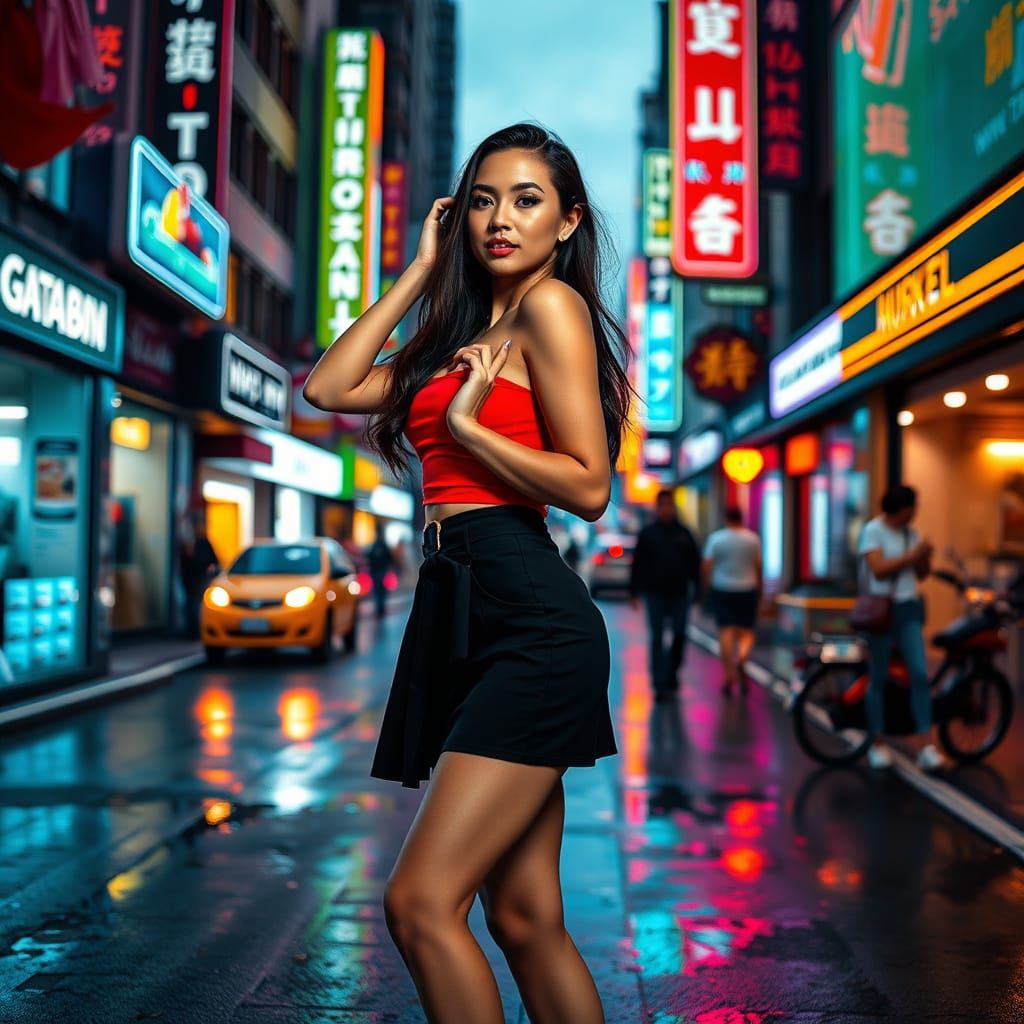 Confident Woman Posing in City Street at Dusk