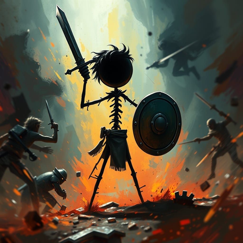 Defiant Stick Figure Warrior in Epic Battle Art