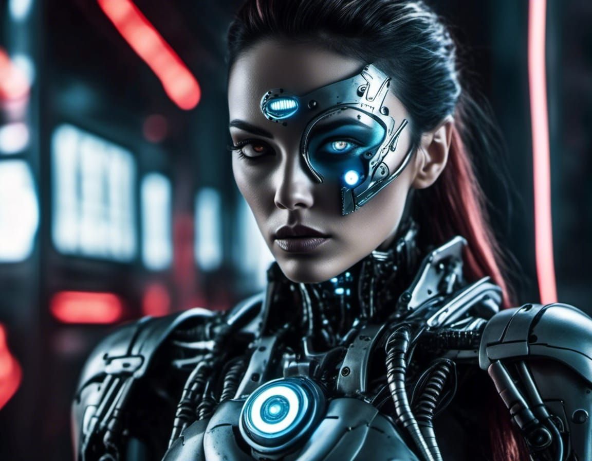 Cyberpunk Cyborg Bounty Hunter in Neon Cityscape