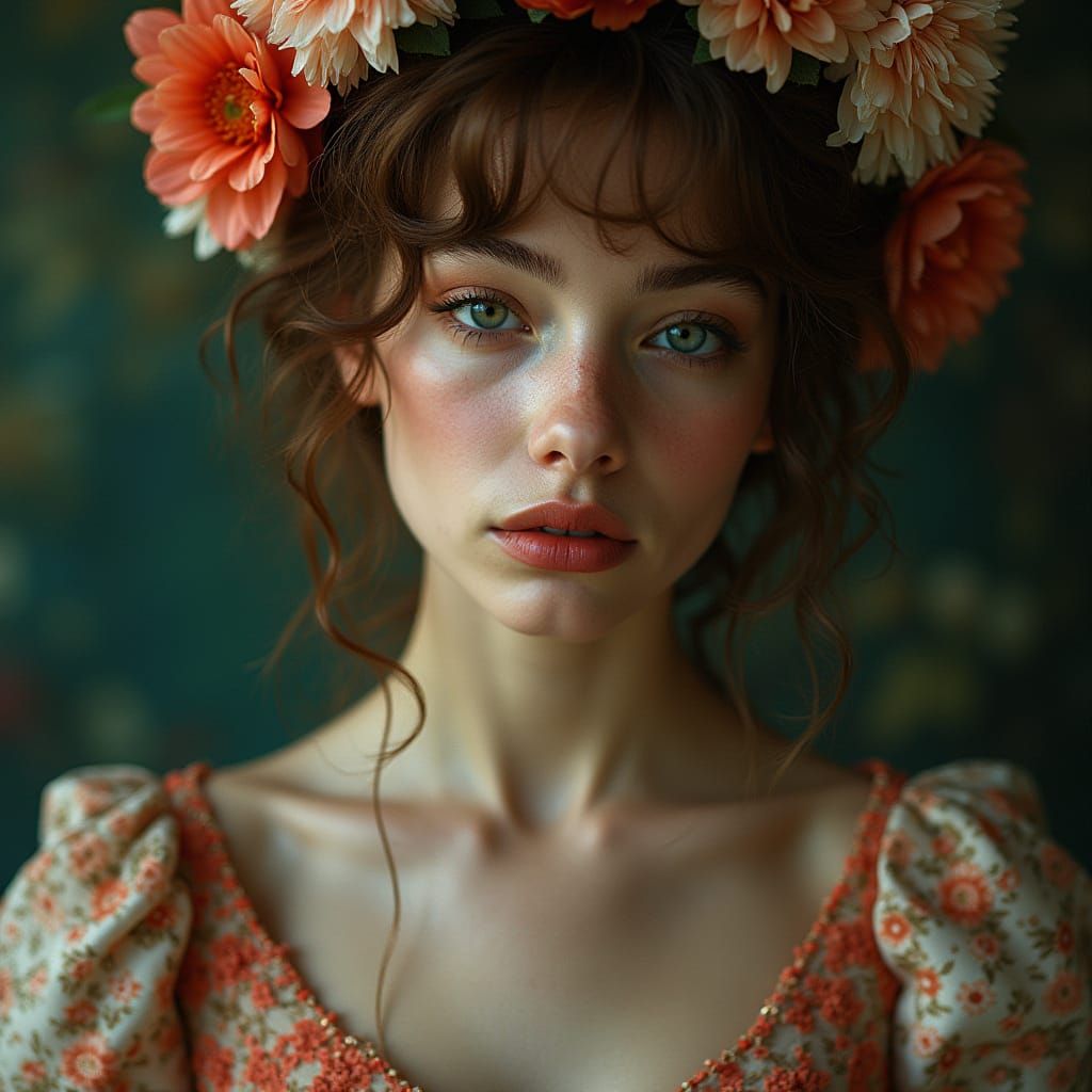 Floral Woman: Cinematic Film Still with Rembrandt Lighting