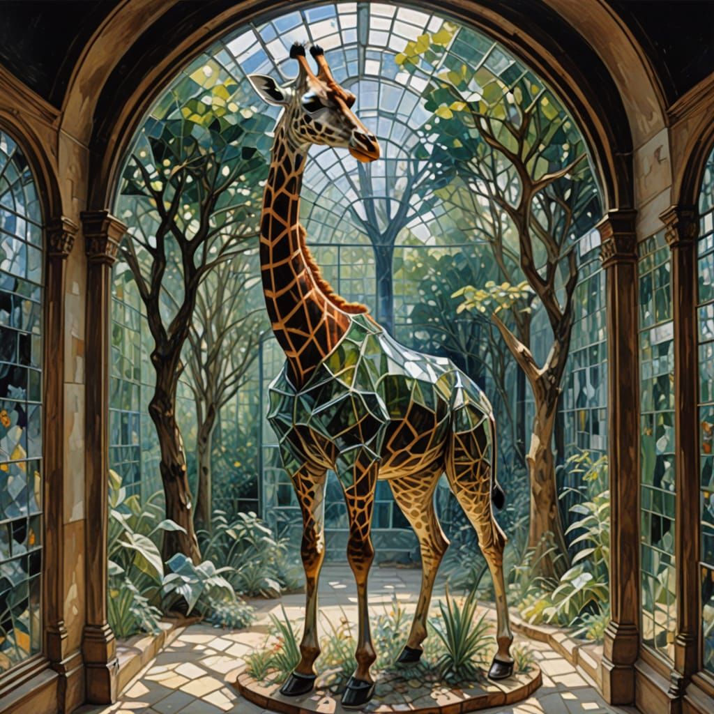 Giraffe Wearing a Glass Dress in Vrubel and Constable Style