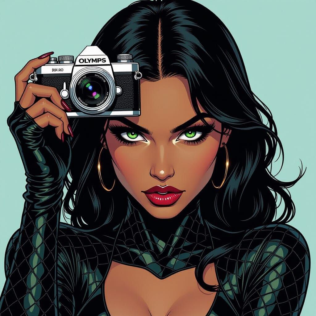 Woman With Snakeskin Face Holds Camera, Comic Style