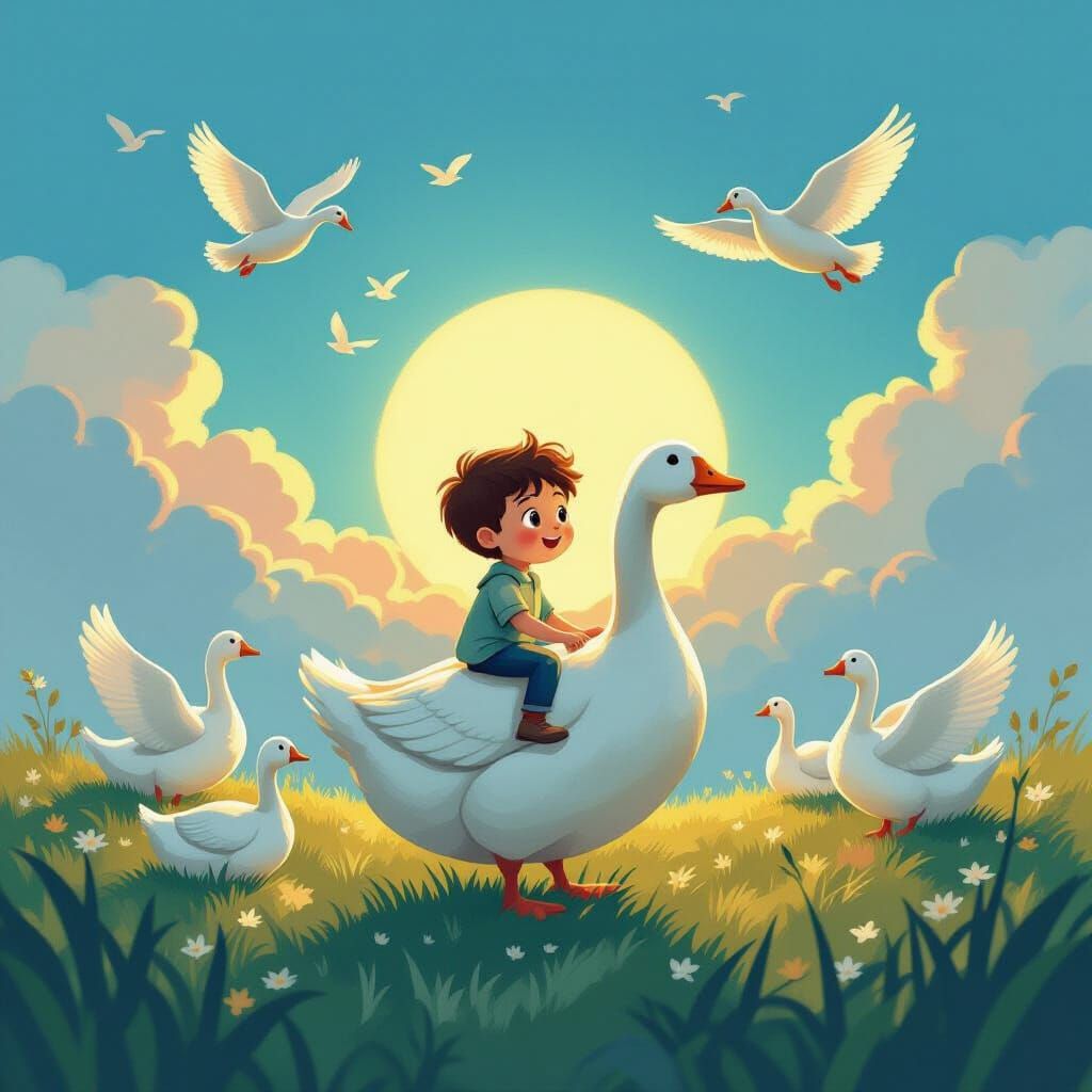Joyful Boy Rides Goose Through Sunset Sky