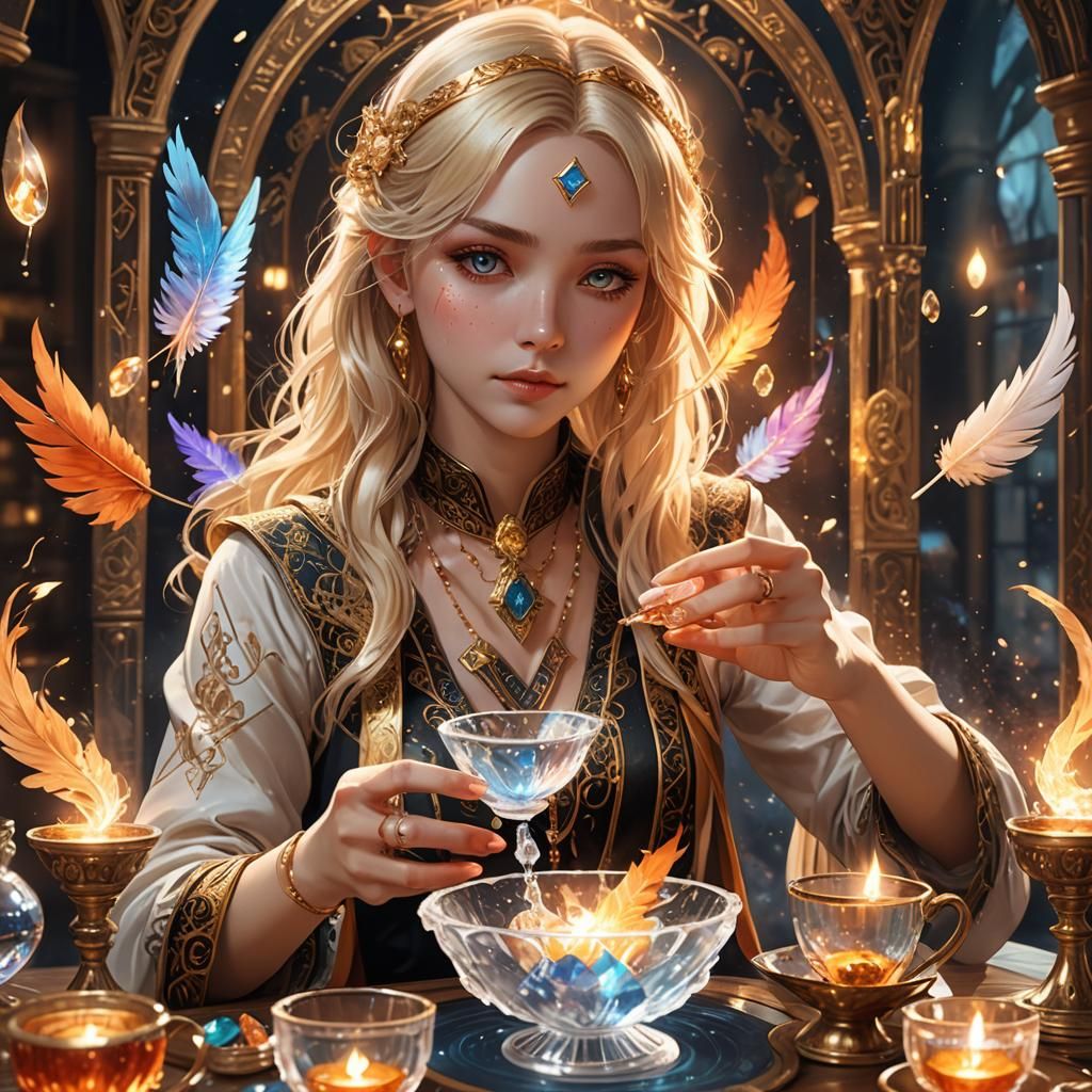 Anime Tarot Reader Pours Water in 3D Art