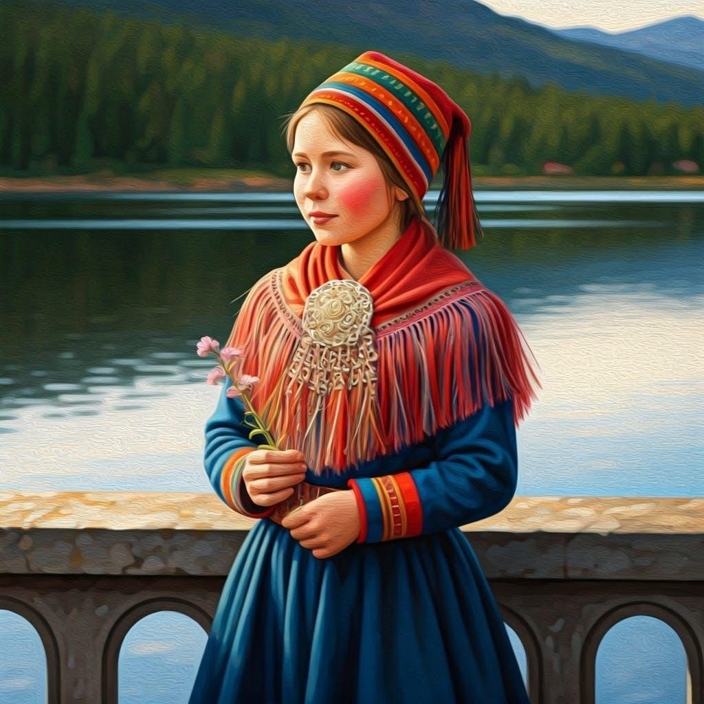 Sámi Woman in Traditional Folk Art Style