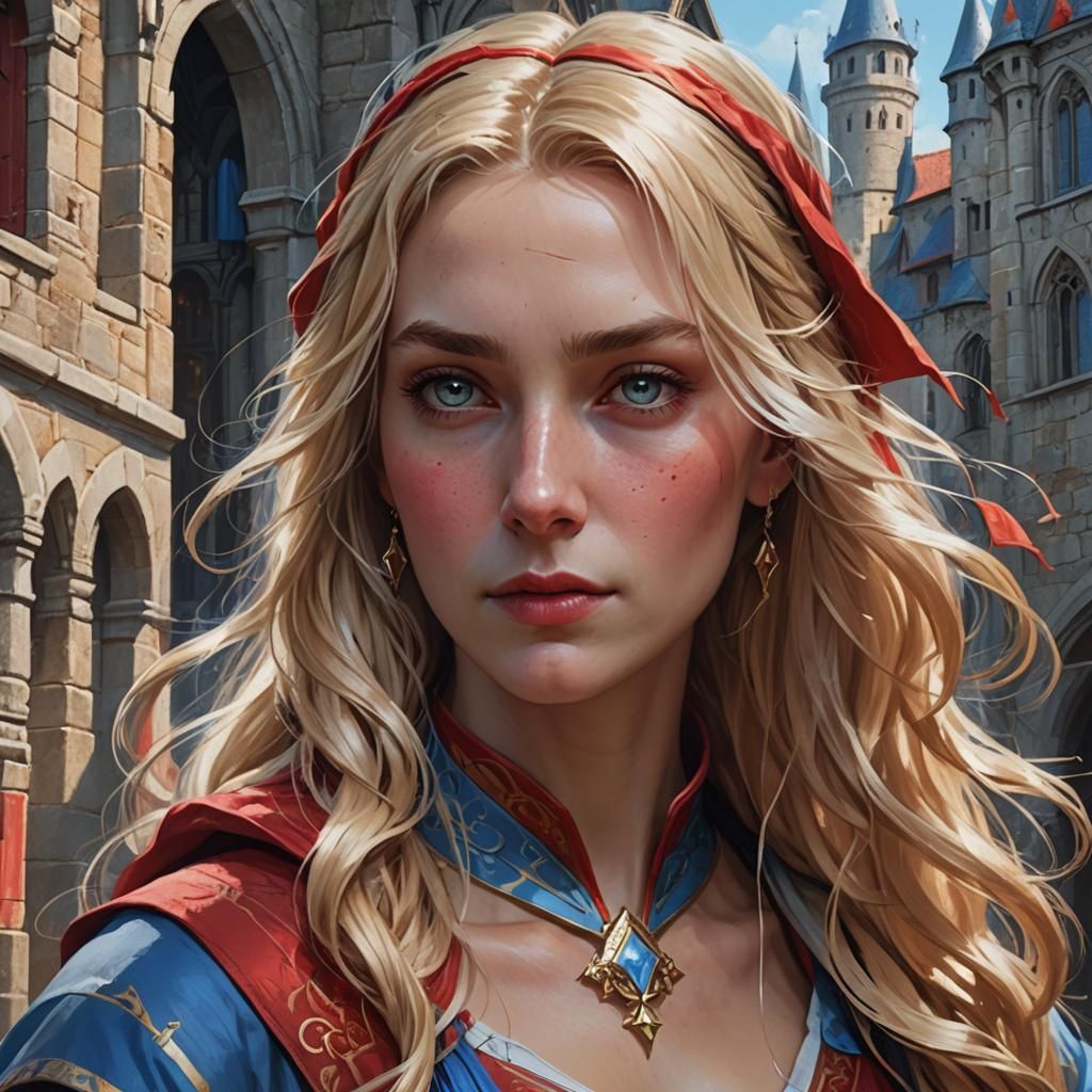 Blonde Wizard Portrait in Medieval City, Detailed Art
