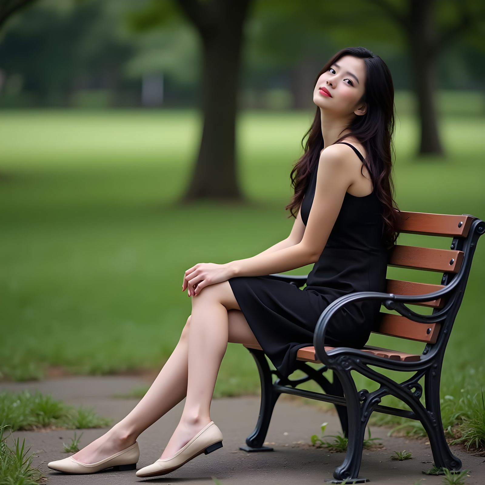 Woman on Park Bench Contemplates Nature