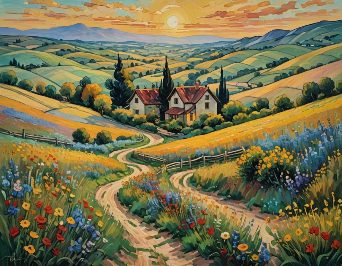 Impressionist Farmhouse Landscape with Expressive Brushwork