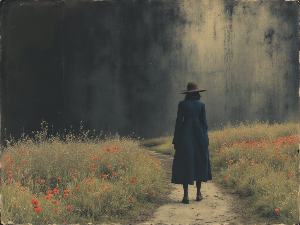 Serene Rural Landscape with Wildflowers in Rainy Light