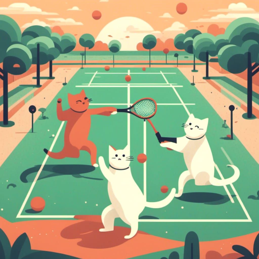Anthropomorphic Cats Play Tennis on Court