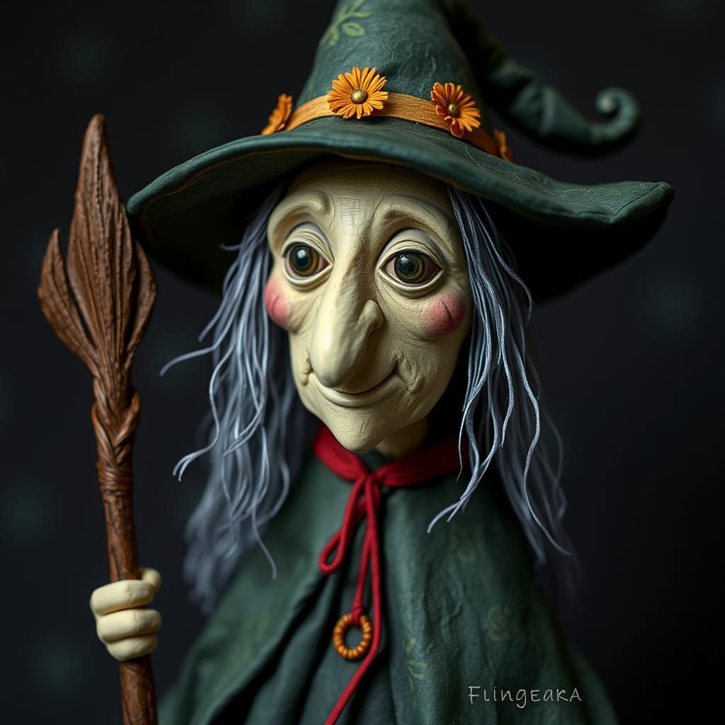 Friendly Paper Mache Witch in Surreal Style
