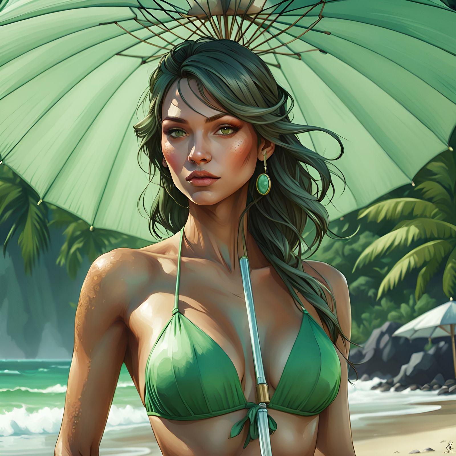 Girl on Green Beach: Hyperdetailed Art Portrait