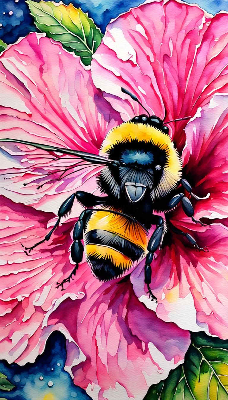 Pink Hibiscus Flower and Bumblebee in Watercolor