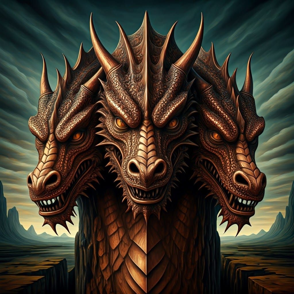 Three-Headed Dragon Sculpture in Surrealist Style