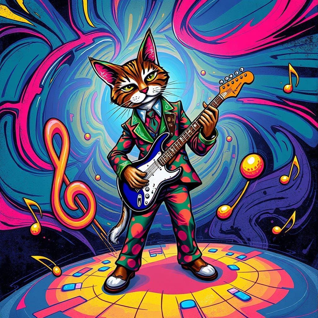 Psychedelic Cat Guitarist in Street Art Style