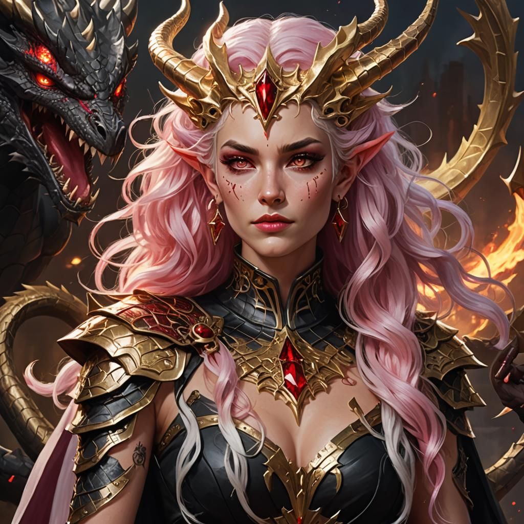 Dragon and Woman with Dragon Horns, Fantasy Art