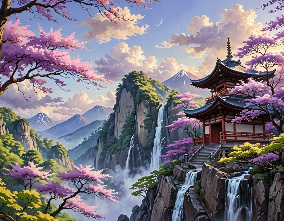 Japanese Temple at Sunrise Oil Painting