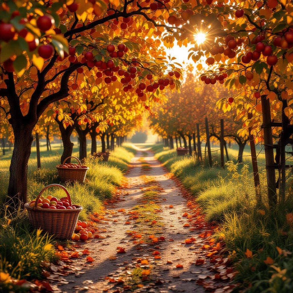 Autumn Orchard Path Bathed in Sunlight