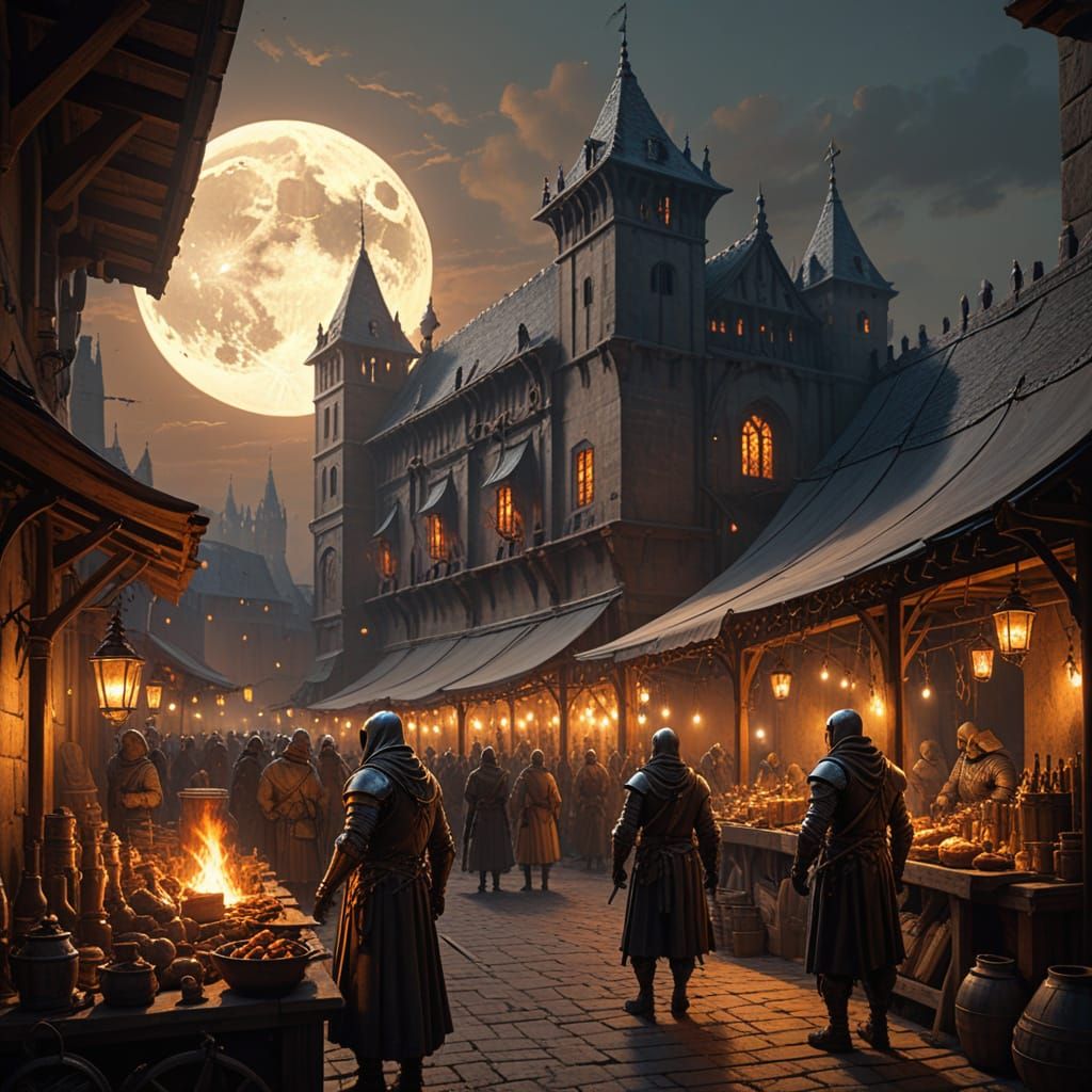 Medieval Night Market Illuminated by Flaming Torches