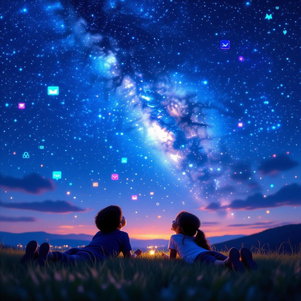 Children Gaze at Surreal Sky of Digital Notifications