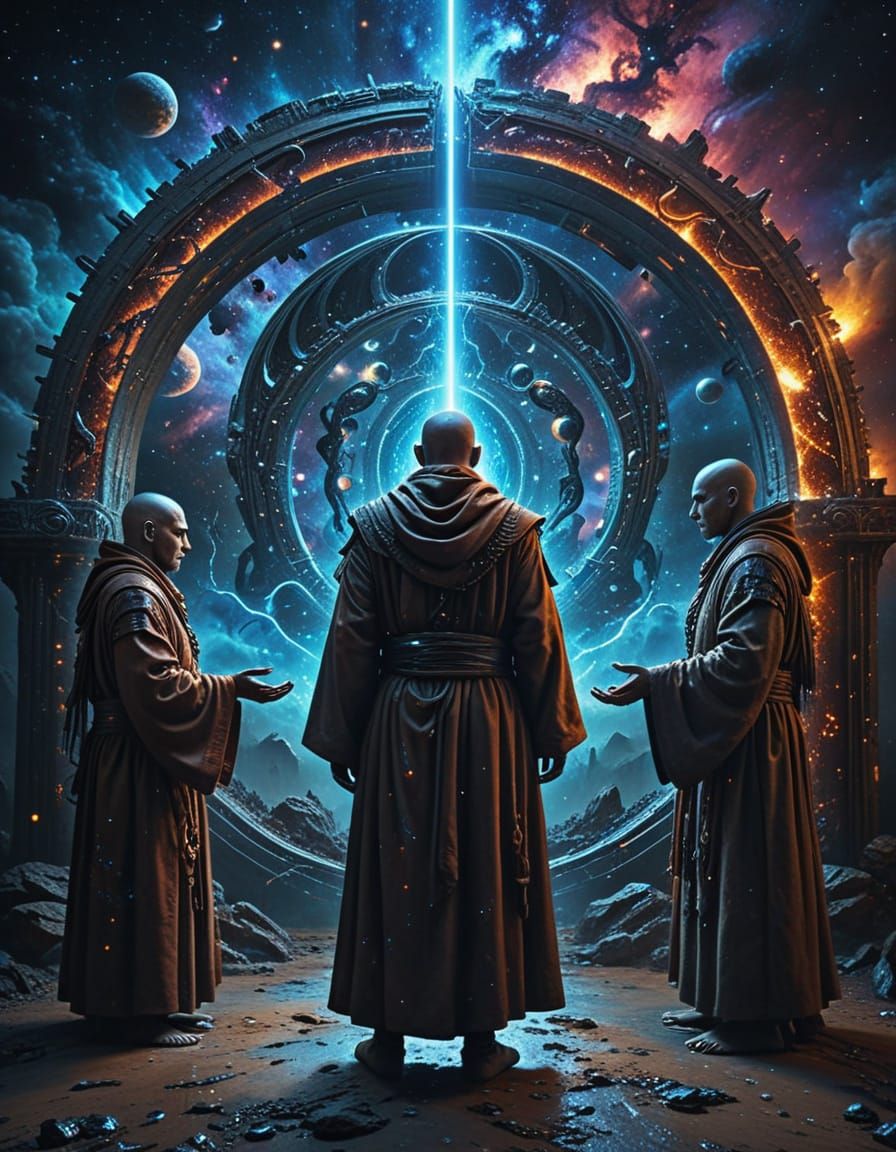 Cyborg Monks Gaze into Galaxy Portal as Digital Art