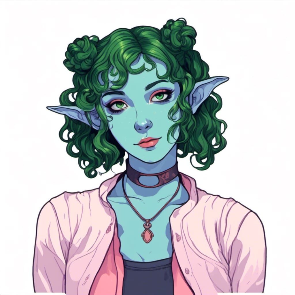 Blue Elf with Space Buns and Green Hair
