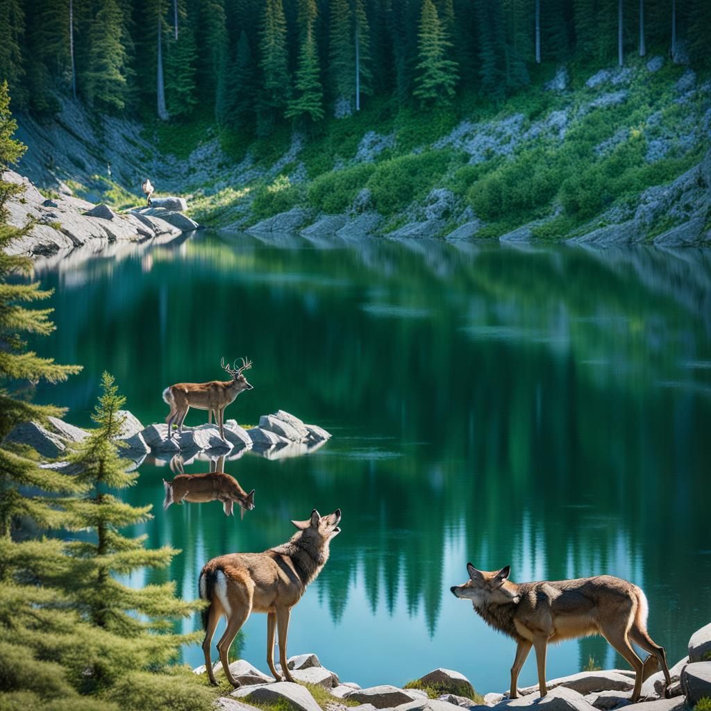 Deer at Lake, Wolves on Cliffside Photograph