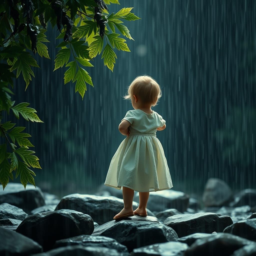 Sister and Brother in Rainy Landscape