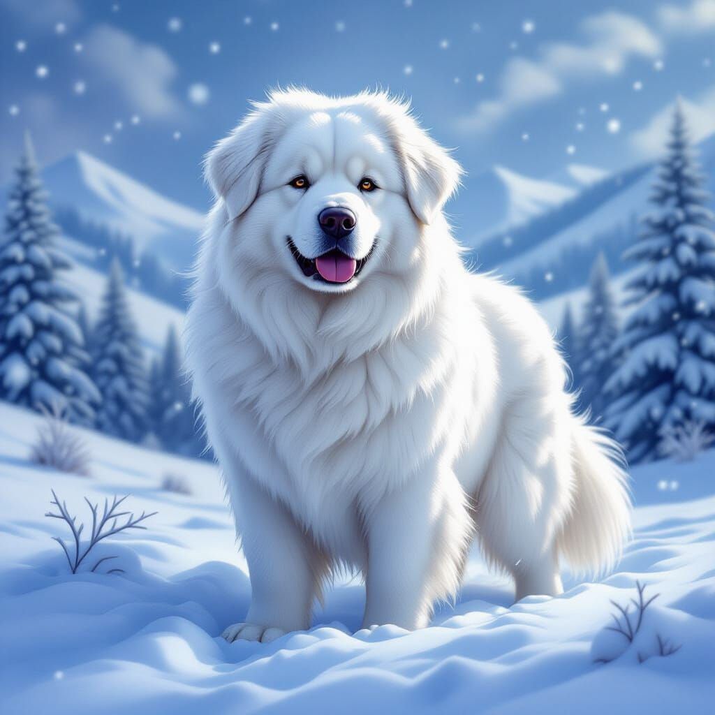 Majestic Fluffy Snow Dog in Winter Wonderland