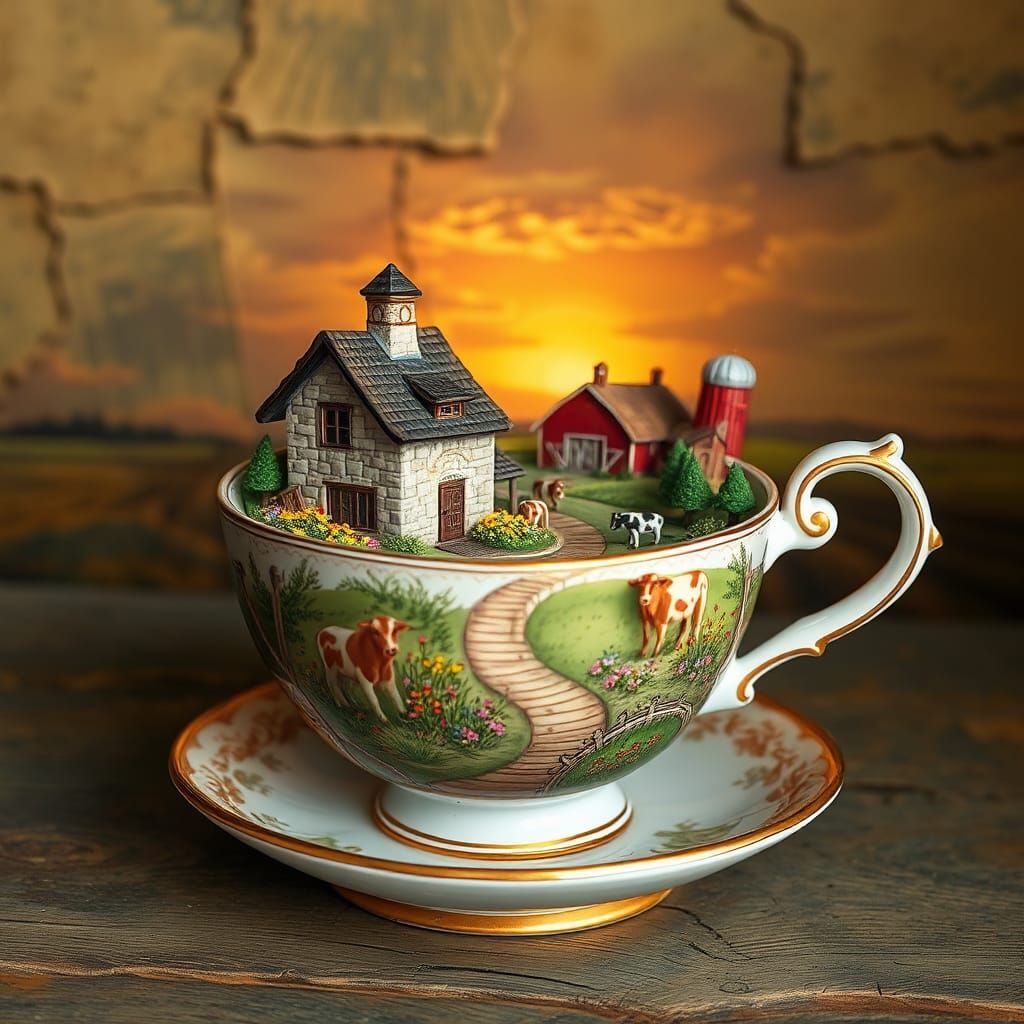Whimsical Teacup Village at Sunset