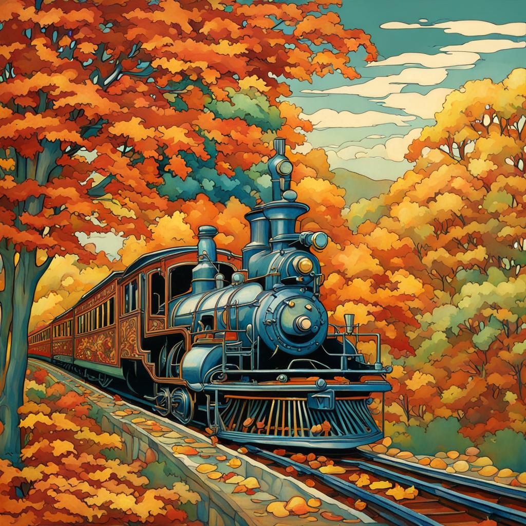 Autumn Train Journey in Art Nouveau Style