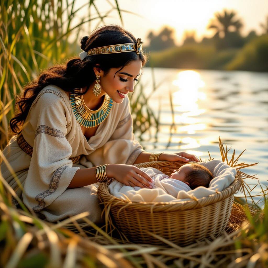 Ancient Egyptian Princess with Baby Moses on Nile River