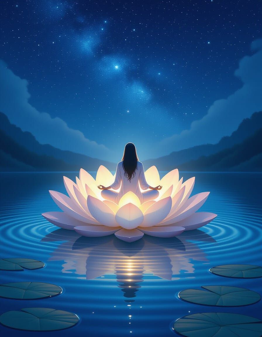 Meditating Figure on Bioluminescent Lotus Under Starry Sky