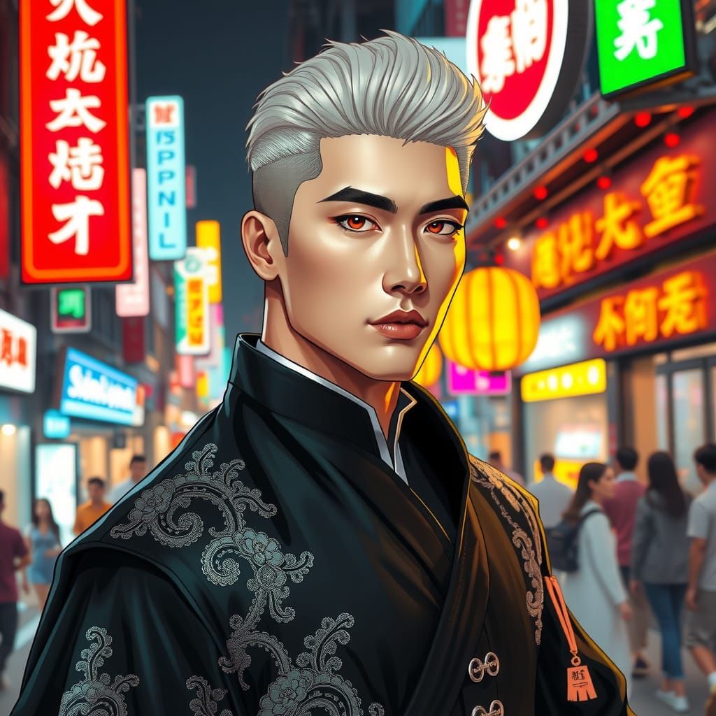Modern Korean Prince with Vibrant Seoul Cityscape