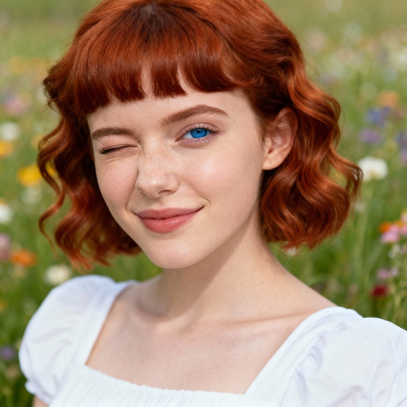 Woman Winking in Flower Meadow, Professional Portrait