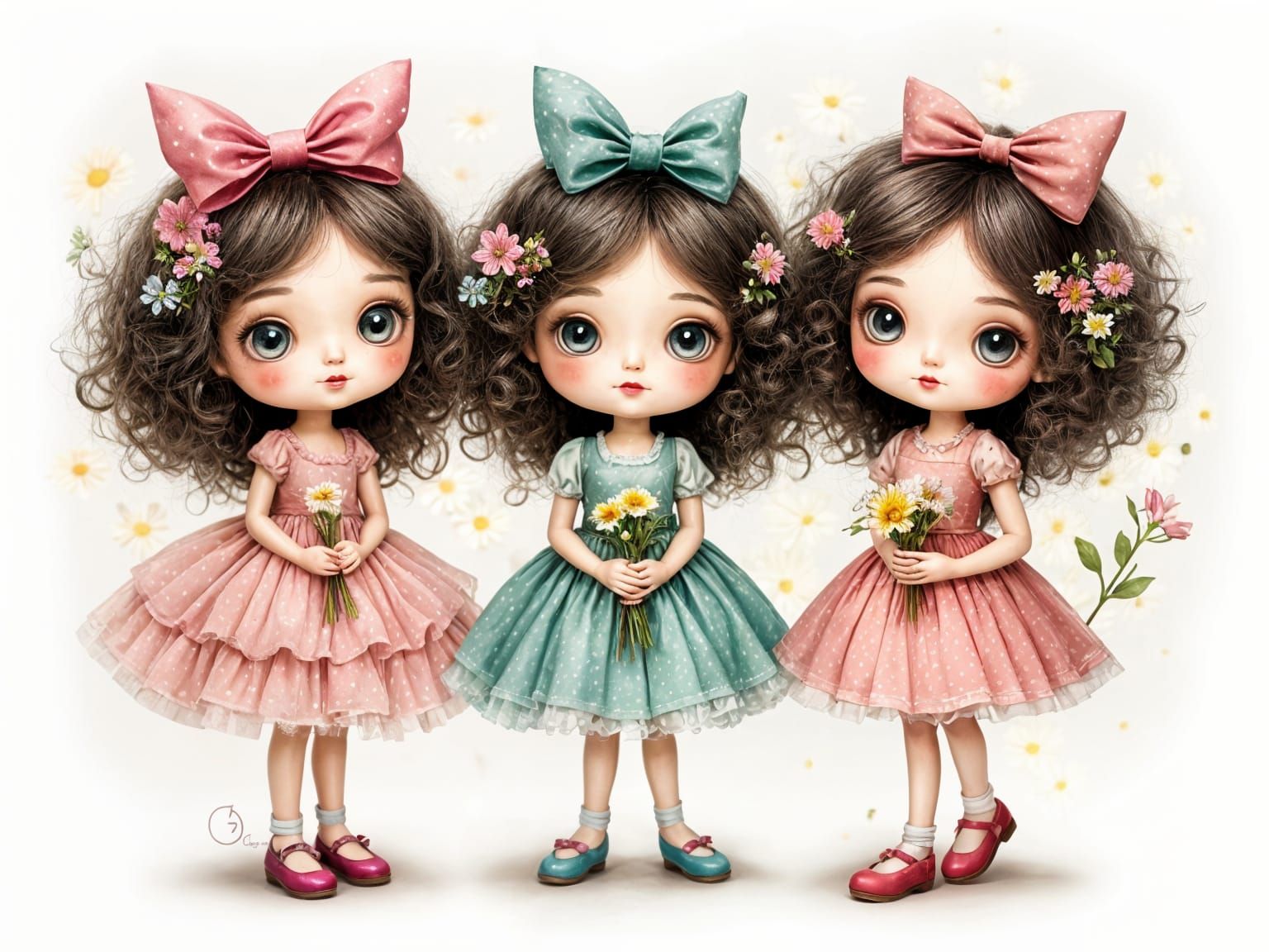 Whimsical Vintage Dolls with Oversized Eyes and Wildflower B...