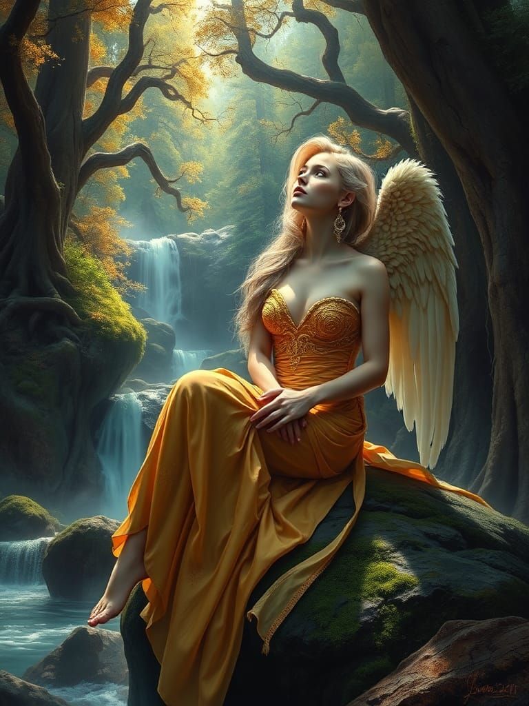 Fallen Angel in Mystical Forest Oil Painting