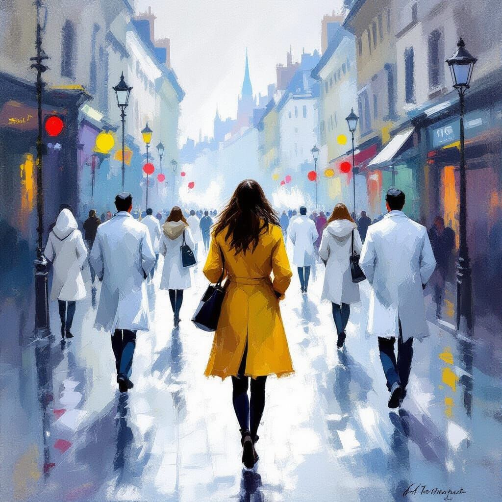 Woman in Yellow Coat Amidst White Coats in Surreal City