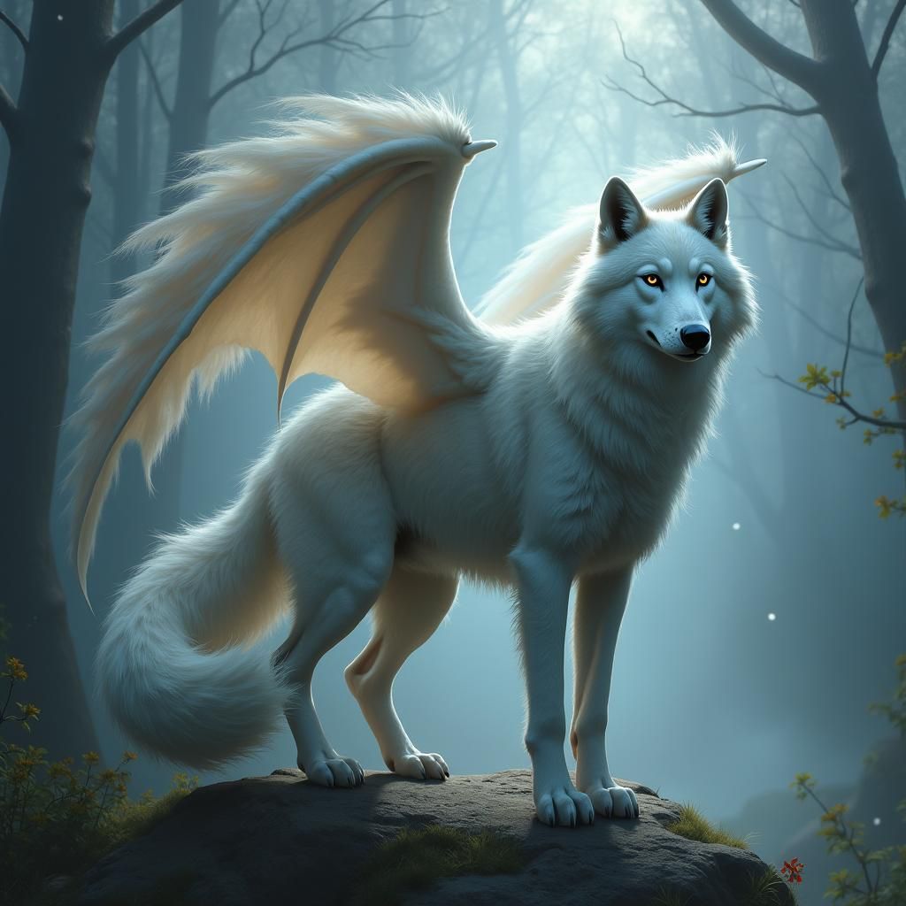 Winged Silver Wolf in Mystical Landscape